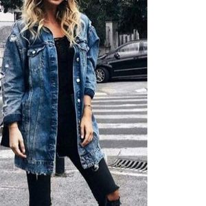 Damesjassen Fashion Women Europese en prachtige middellange gescheurde denim trenchcoat met lange gaten vallen vaste kleurjaswomen's