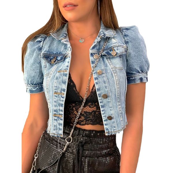 Vestes pour femmes Mode Femmes Streetwear Jean Manteau Recadrée Survêtement Veste Femme Tops Simple Poitrine À Manches Courtes Denim Vestes 230426