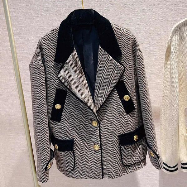 Chaquetas de mujer Moda Tela de lana Chaqueta tejida de sarga gris para mujeres 2023 Patchwork de alta calidad Cuello con muescas Abrigo de manga larga Mujer