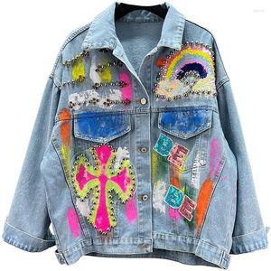 Chaquetas de mujer Moda Primavera Mujer Chaqueta de mezclilla azul Personalidad Pintada a mano Graffiti Remaches Casual Lentejuelas europeas Manga larga