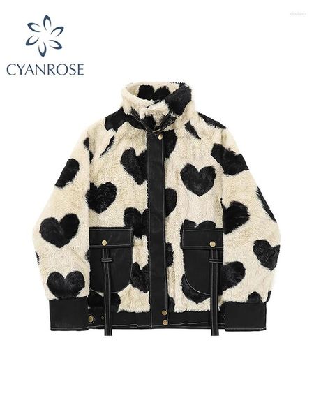 Vestes Femmes Fausse Fourrure Manteau Chaud Mode Vintage 90s Rétro Lâche Pardessus Femme Bicolore Teddy Manteaux Emo 2000s Automne Hiver