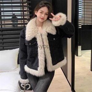 Jaquetas femininas Faux Fur Denim Casaco Mulheres Outono Inverno Engrossar Quente Manga Longa Bolsos Emendados Coreano Moda Jaqueta Vintage Jean Outwear J231113