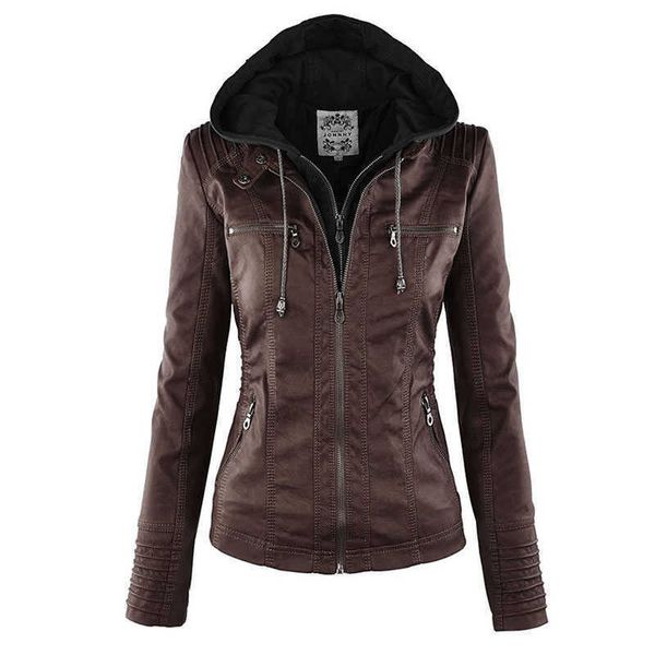 Chaquetas de mujer Chaqueta de cuero de imitación Mujeres 2021 Chaqueta básica Abrigo Mujer Invierno Chaqueta de motocicleta Cuero de imitación Gamuza PU Cremallera Sudaderas con capucha Ropa exterior T221105