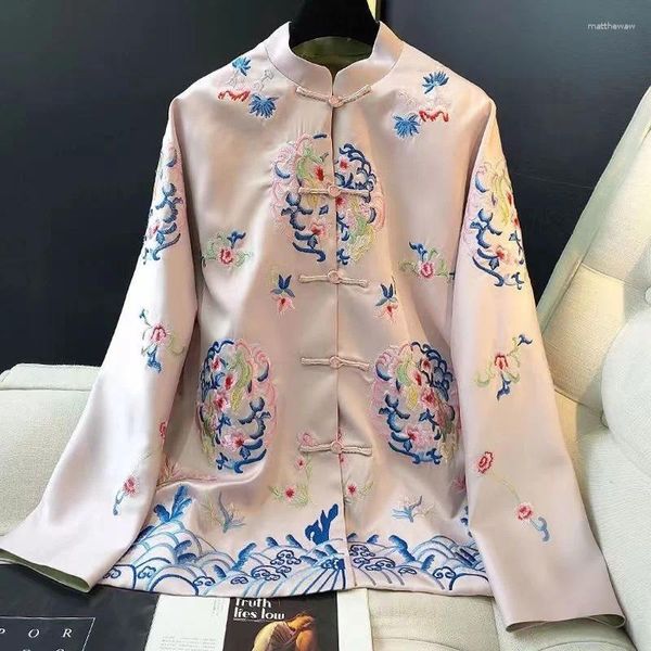 Chaquetas de mujer Mujer Casual Mejorado Estilo Chino Retro Botón Moda Abrigo Mujeres 2023 Primavera Edición Coreana Rosa Bordado Top