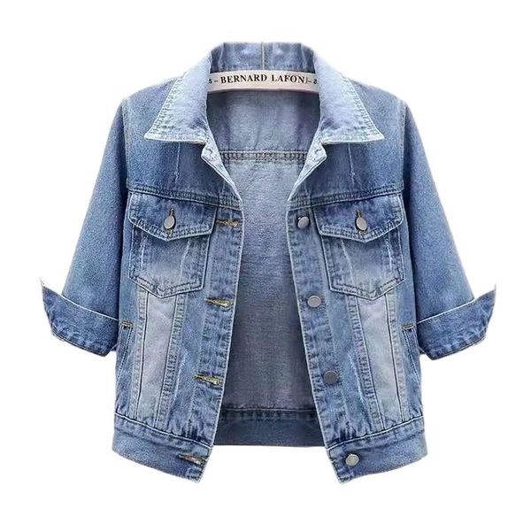 Vestes Femmes Femme Été Denim Jacke Bonbons Couleurs Loisirs Court Slim Fit Trois Quarts Manches Denim Outcoat Femmes Jeans Veste Manteau 5XL 230427