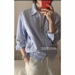 Vrouwen Jassen Firmranch 2023 Koreaanse Dongdaemun Designer Revers Rits Shirt Blouse Wit/Blauw Film Gevoel Lente Tops