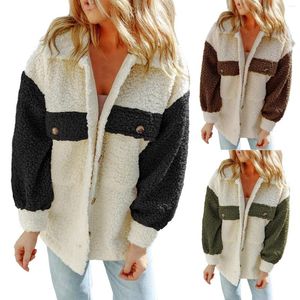 Damesjassen Fleece Coats Autumn Winter Jacket Lange mouw Double Pocket Gekleurde Casual Coat Plush Outswear L5