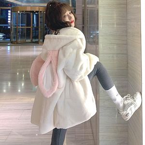 Damesjassen Fleece Zip Up Hoodies Leuke witte oorsweatshirt Vrouwen lamswollen jas met capuchon Zwarte losse Japanse stijl jas Kawaii