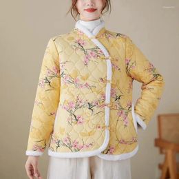 Damesjassen Katoenen jas met bloemen Herfst en winter Etnische stijl Schijfgesp Retro kort lichtgewicht gewatteerd jack Z3328