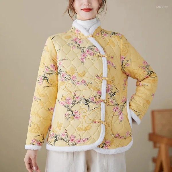 Chaquetas de mujer abrigo de algodón Floral Otoño e Invierno estilo étnico hebilla de disco Retro chaqueta acolchada ligera corta Z3328