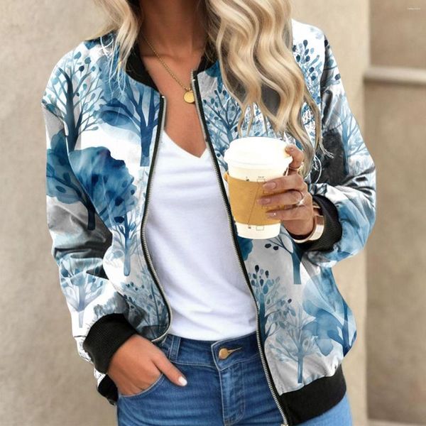 Vestes pour femmes Veste à fermeture à glissière à imprimé floral Femmes à manches longues Top Bomber Bomber Manteau Vêtements d'extérieur Slim Biker