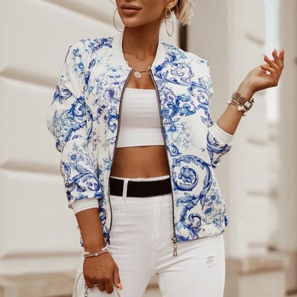 Chaquetas de mujer con estampado de flores, chaqueta Bomber de manga larga, abrigo Vintage con cremallera a la moda, Tops, abrigo básico elegante y delgado para mujer # g4