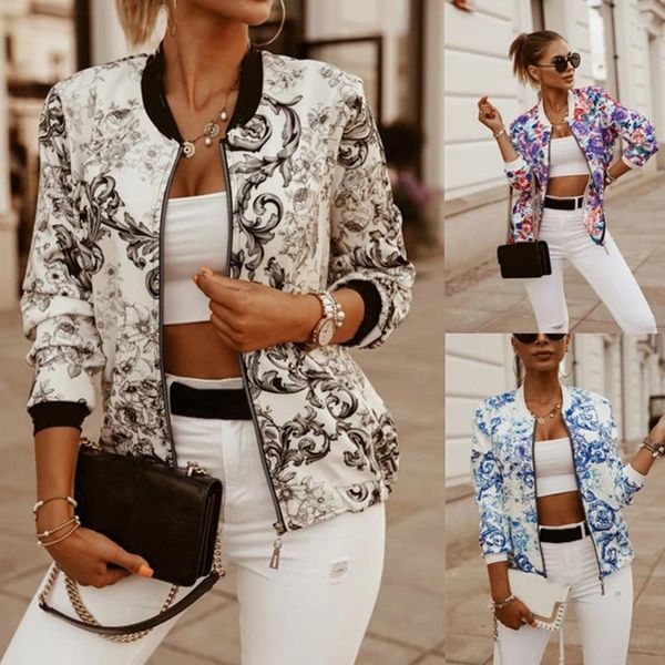 Jackets para mujeres estampado de flores mangas largas chaqueta de bombardero con cremallera de moda