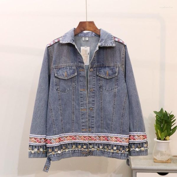 Chaquetas de mujer Folk Indie Bordado Patchwork Borla Denim Abrigo Mujeres Primavera Moda BF Estilo Suelto Manga larga Jean Chaqueta Streetwear