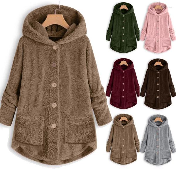 Femmes vestes pour femmes polaire en peluche laine à capuche manteau hauts amples hiver taille bouton Cardigan Plus doublé manteaux 2023