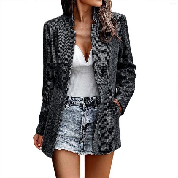 Chaquetas de mujer, chaqueta Formal informal con frente abierto, traje de celosía de pájaro, manga larga, cuello levantado, prendas de vestir exteriores sólidas, abrigos con bolsillos