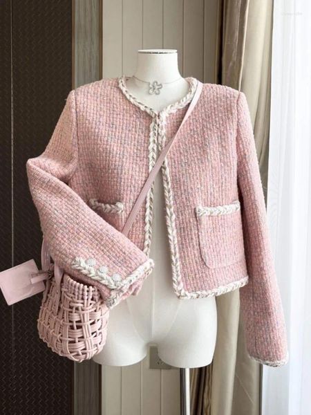 Chaquetas de mujer, ropa francesa, abrigos elegantes de Tweed rosa, chaqueta corta de fiesta OL con cuello redondo, prendas de vestir para mujer, Top Casaco