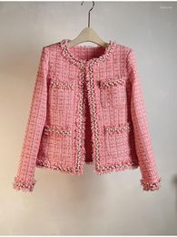 Damesjassen Franse ontwerper Spring roze tweed wollen plaid korte jas tops dames parels o nek bedekte knop tassel bovenkleding chic