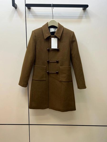 Vestes pour femmes français Preppy double boutonnage revers manteau de laine moyen long motif a-ligne