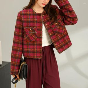 Damesjassen Franse rode geruite tweed casual jas dames kleine geur vintage ronde nek mode elegant Korea fMale jas herfst winter