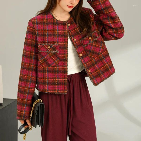 Vestes pour femmes Plaid rouge français tweed veste décontractée femme petit parfum vintage rond cou rond mode élégant corée fmale manteau automne hiver