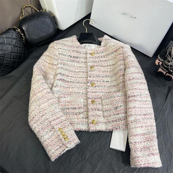 Chaquetas de mujer Chaqueta de tweed corta francesa Elegante Lujo Otoño Invierno Manga larga Botón dorado Tejido Cuello redondo Cárdigan Top recortado