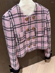 Damesjassen Franse kleine geurige stijl grove tweed plaid jas voor lente herfst high-end luxe roze roze dubbele borsten jas