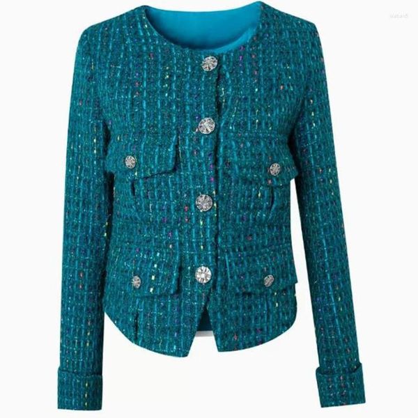 Chaquetas de mujer, chaqueta de lana de Tweed francesa para primavera y otoño, prendas de vestir cortas con fragancia pequeña azul pavo real tejida con cuello redondo para mujer