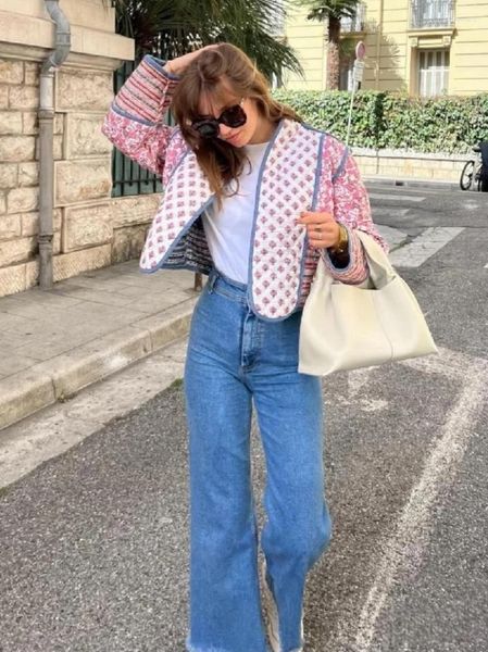 Chaquetas de mujer, diseño de estilo francés, ropa étnica de doble cara, costura Floral, chaqueta acolchada de algodón, abrigo corto holgado a juego