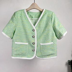 Vestes Femmes Français Col V-Col Parfumé Manteau À Manches Courtes Femmes Mode Casual Lâche Corée Chic Simple Boutonnage Vert Blanc Tweed Veste