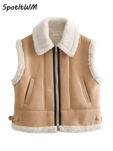 Vestes pour femmes avant fermeture éclair laine d'agneau épissé col gilet femme polaire chaud vêtements d'extérieur sans manches femmes mode automne hiver rue gilet 230922