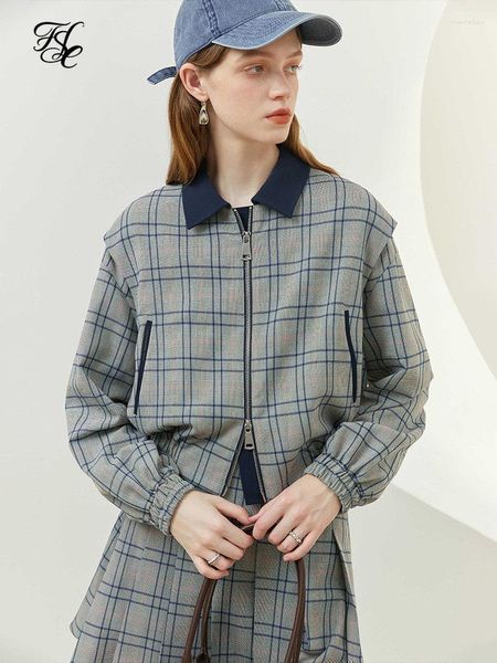 Vestes pour femmes FSLE College Style rétro Plaid manteau court pour les femmes costume ample jupe plissée sens décontracté printemps deux pièces ensemble