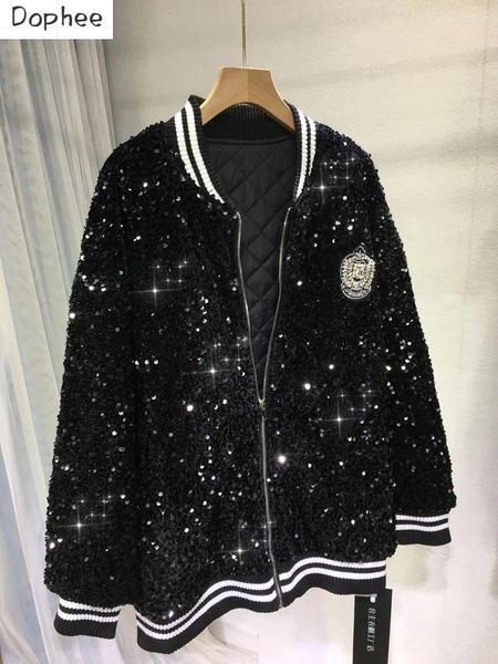 Vestes Femmes Paillettes complètes manteau rembourré en coton pour les femmes épaissir matelassé vêtements d'extérieur diamants perles veste de baseball en vrac cardigan zippé de luxe