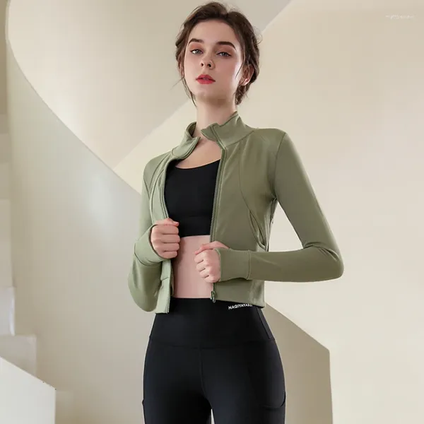 Chaquetas de mujer con cremallera completa, chaqueta deportiva ajustada, Top de Yoga informal de secado rápido para niña, Top de Yoga con bolsillo y cuello alto de manga larga para Fitness