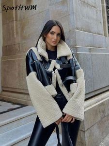 Chaquetas de mujer de piel de peluche, chaqueta de retazos acolchada, abrigo corto de manga larga con solapa, ropa de calle de moda femenina