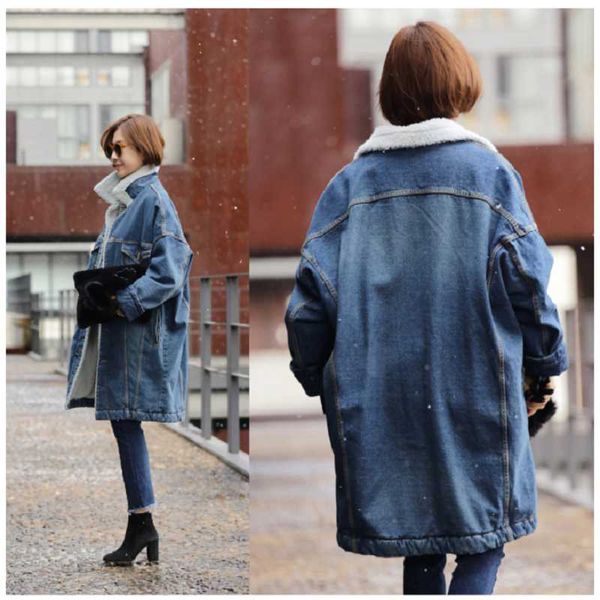 Femmes Vestes Fourrure Chaud Hiver Denim Veste Femmes 20121 Mode Automne Laine Doublure Jeans Manteau Bomber Casaco Feminino