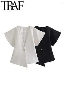 Damesjassen Gal unieke knoppen vrouwen elegante tweed jas korte mouw v nek asymmetrische mantel jas vrouwelijk 2024 veer crop top y2k