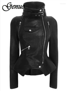 Vestes Femmes Véritable Moto Femme Slim PU Cuir Manteaux Steampunk Moto Streetwear Rock Style Métal Goth Véritable