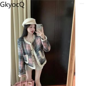 Damesjassen gkyocq Franse zoete jas voor vrouwen kleine geurige kanten steek jassen plaid jongedame meisjes winter preppy y2k kleren