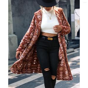 Vestes pour femmes paillettes européennes américaines femmes à capuche à manches longues imprimé géométrique simple boutonnage Plus manteau en peluche régulier