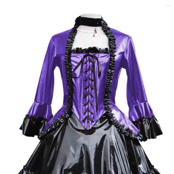 Chaquetas de mujer Cuero de PVC brillante Volantes Manga acampanada Cola de golondrina con cordones Tops de estilo real vintage Vestido de banquete Traje lujoso