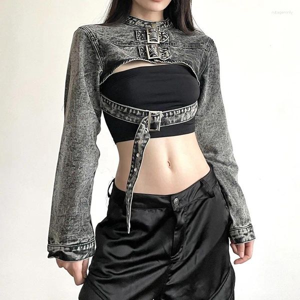 Vestes Femmes Goth Dark Cyber Gothic Vintage Denim Crop Y2K Punk Boucle Creux Out Femmes Manteaux 90s Grunge Harajuku Streetwear Veste