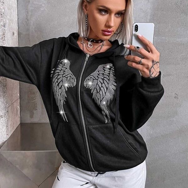 Chaquetas de mujer Gótico Rhinestone Wings Harajuku Punk Flojo Casual Manga larga Cremallera Cardigan Suéter con capucha High Street Accesorio Sudadera T221105