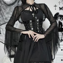 Women's Jackets Gothic Style Dark Short Coat Lace Strap Irregular Bell Sleeve Long-Sleeved Blouse
