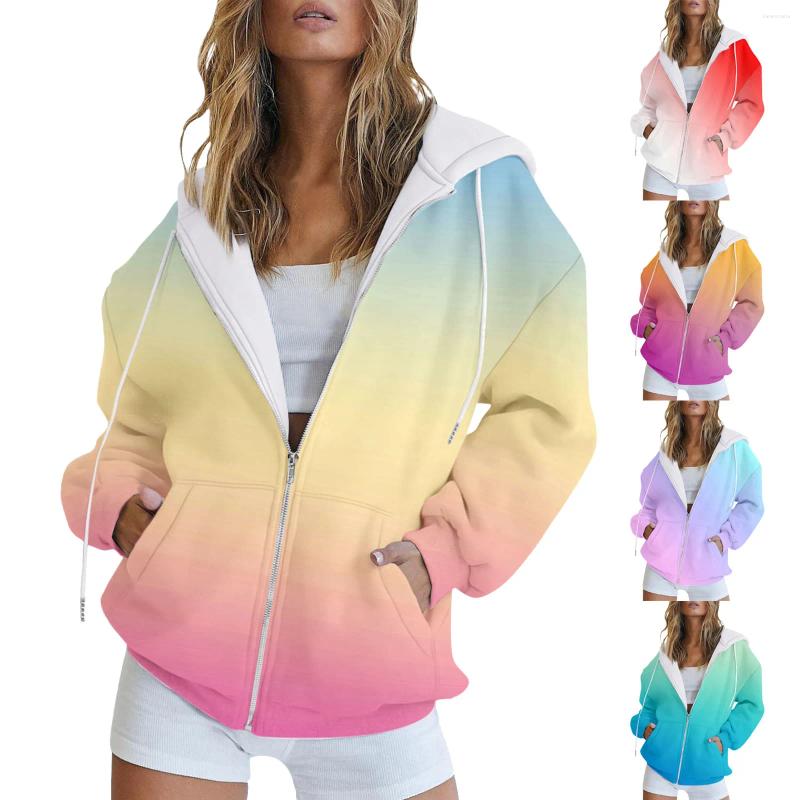 Kvinnors jackor gradient mode kvinnor kort jacka casual huva dragkammare färgglada tryckt blixtlås sweatshirt streetwear