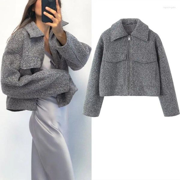 Chaquetas de mujer, chaqueta recortada gris para mujer, marca de moda, chaquetas de manga larga, abrigos elegantes con bolsillo tipo parche y cremallera de Metal, abrigos cálidos 2023