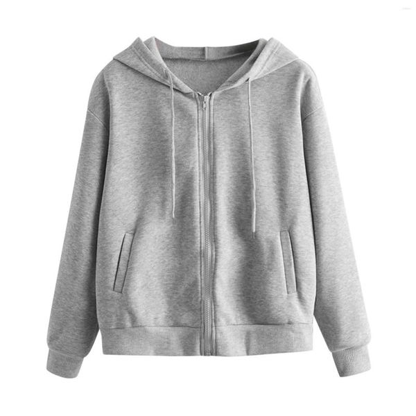 Vestes pour femmes Sweat à capuche gris avec poche Vêtements à la mode pour femmes Zipper Up Sweat-shirt Robe Casual Draw String Sweetshirts Moletom