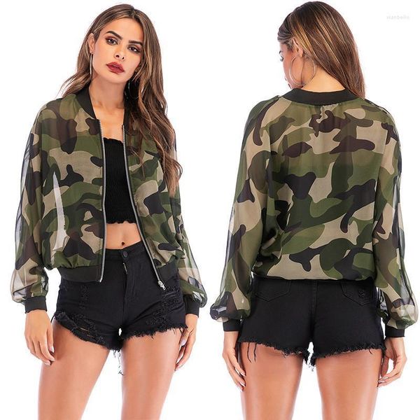 Chaquetas de mujer Estampado verde Chaqueta de mujer Cuello alto Manga larga Abrigo fino de otoño Moda Puntada abierta Cremallera Suelta Casual Protección solar exterior