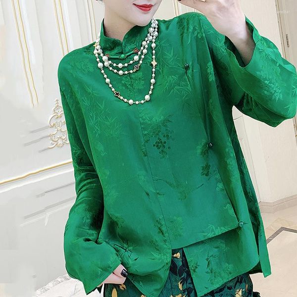 Chaquetas de mujer Camisa Jacquard de seda verde 2023 Verano Estilo Vintage Botón Collar de manga larga Mulberry Lady Top S-XXL