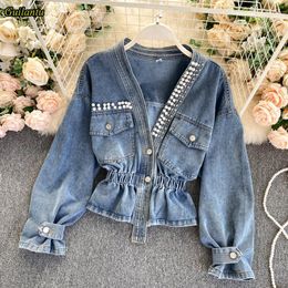 Damesjassen Schuilgreep Vrouwen Spring herfst denim jas bovenkleding v nek kralen casual vintage jeans jas vrouwelijk harajuku short coatswome